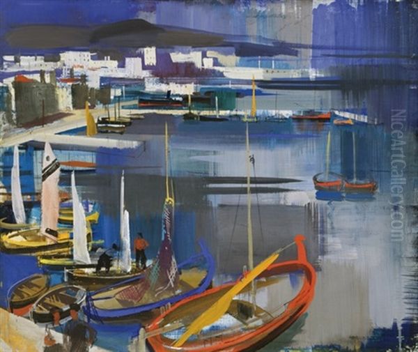 Italian Seaside (mediterranean Harbour) Oil Painting by Vilmos Aba-Novak