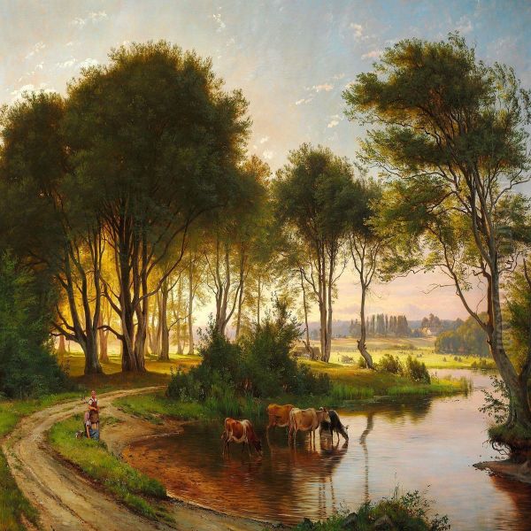 Danish Summer Landscape With Two Girls Watering The Cows In A Stream Oil Painting by Carl Frederick Aagaard