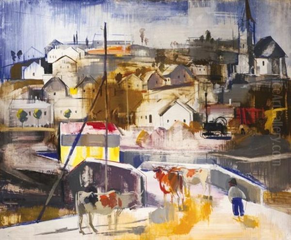 Cityscape With Oxen (soskut) Oil Painting by Vilmos Aba-Novak