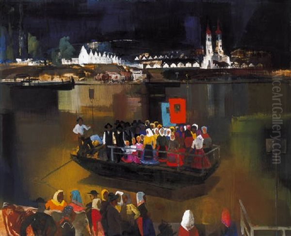 Kompatkeles A Tiszan (ferry Crossing Over The River Tisza) Oil Painting by Vilmos Aba-Novak