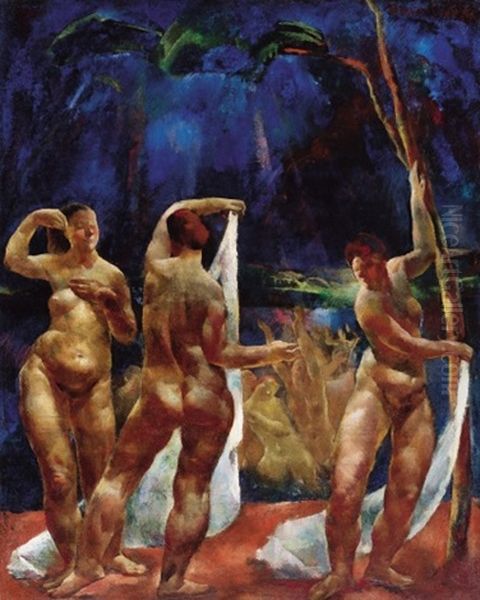 Bathers - Female Nudes Oil Painting by Vilmos Aba-Novak