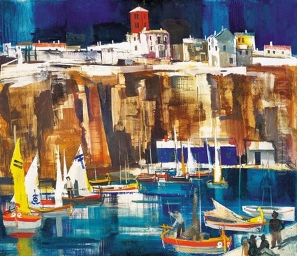 Olasz Kikoto Vitorlasokkal (italian Port With Sails) Oil Painting by Vilmos Aba-Novak