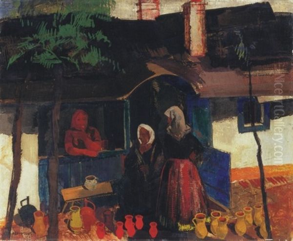 Pottery Market Oil Painting by Vilmos Aba-Novak