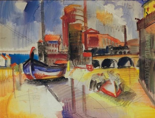 Italian Harbor Oil Painting by Vilmos Aba-Novak