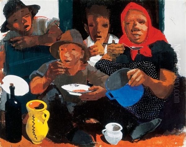 Ebedelok (having Lunch) Oil Painting by Vilmos Aba-Novak