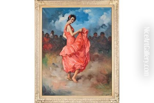 A Spanish Dancer In A Flounced Red Dress Oil Painting by Felipe Abarzuza y Rodriguez de Arias