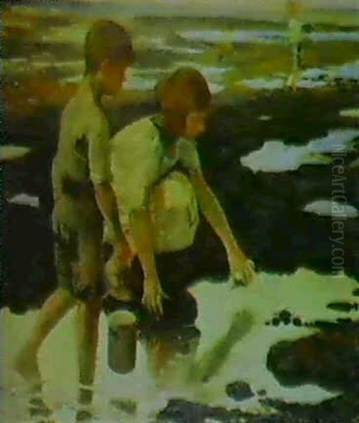 Ninos Cogiendo Conchas En La Playa Oil Painting by Felipe Abarzuza y Rodriguez de Arias