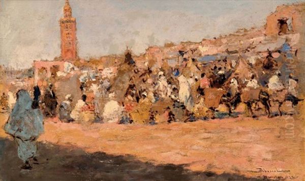 Marche A Marrakech (+ Study; Verso) Oil Painting by Felipe Barantes Abascal