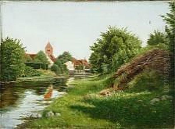 A Town Scenery From Naestved By Susaaen Stream, Denmark Oil Painting by Julius Aagaard