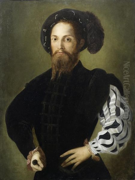 Portrait Of A Gentleman, Half-length, In Black Costume And A Black Plummed Hat Oil Painting by Nicolo dell' Abbate