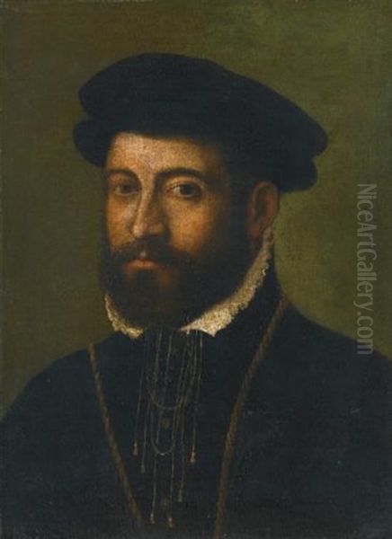 Portrait Of A Bearded Man, Bust Length, Wearing A Black Hat Oil Painting by Nicolo dell' Abbate