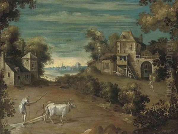 An Extensive Landscape With A Farmer And His Oxen Ploughing A Field Oil Painting by Nicolo dell' Abbate