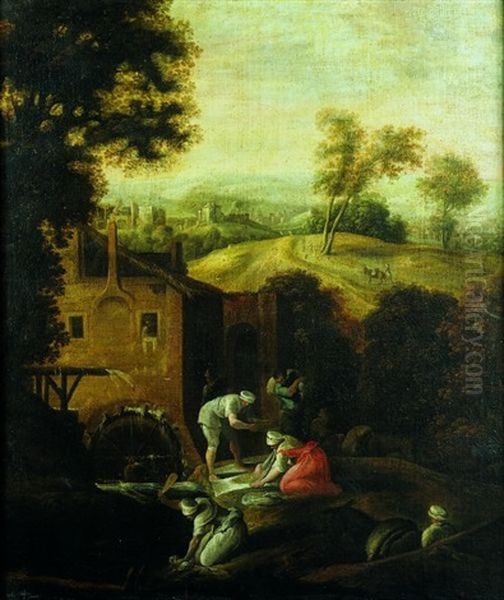 Lavandieres Devant Un Moulin A Eau Oil Painting by Nicolo dell' Abbate