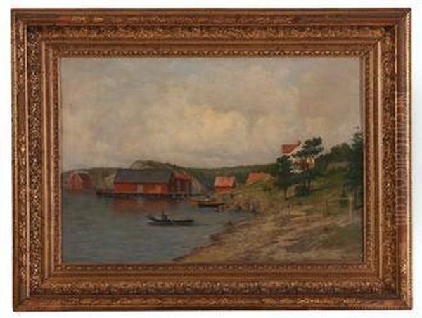 Kystlandskap Med Hus Og Bat Oil Painting by Martin Aagaard