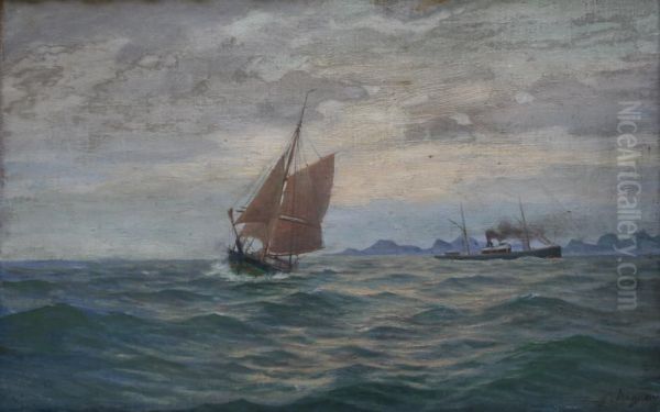 Two Vessels Off A Scandinavian Coast Oil Painting by Martin Aagaard