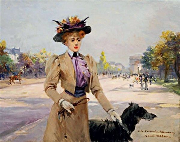 Madame La Vicomtesse De Beaurieux Et Son Chien, Avenue Foch Oil Painting by Louise Abbema