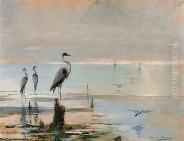 Herons En Bord De Mer Oil Painting by Louise Abbema