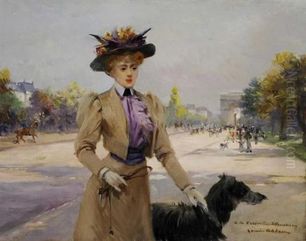 Paris, Madame La Vicomtesse De Beaurieux Et Son Chien, Avenue Du Bois Oil Painting by Louise Abbema