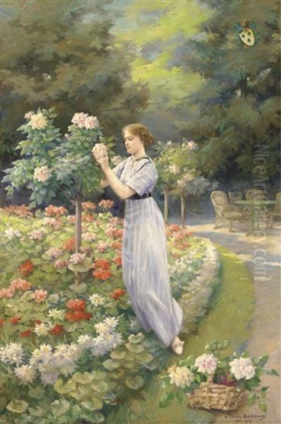 Germaine Van Der Linden De Kenenburgh Attending To Her Roses Oil Painting by Louise Abbema