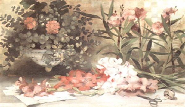 A Still Life With Geraniums In A Porcelain Planter And Gladiolas With Scissors And A String On A Ledge Oil Painting by Louise Abbema