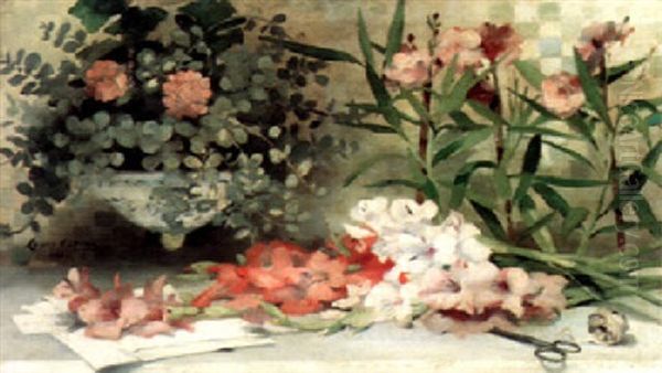 A Still Life Of Flowers On A Ledge Oil Painting by Louise Abbema