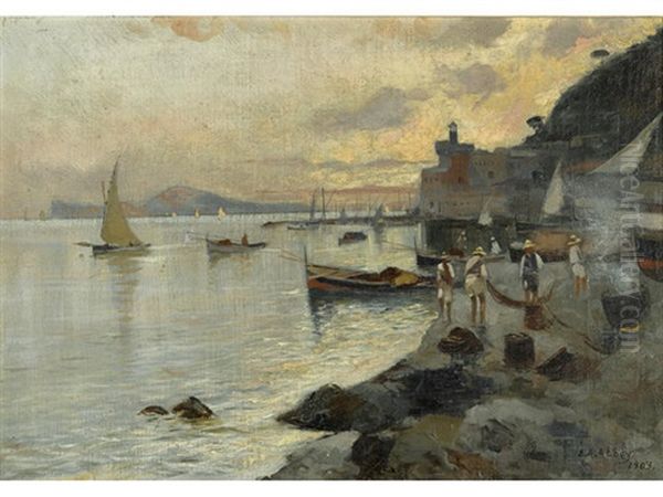 Fishermen On The Shore At Sunset Oil Painting by Edwin Austin Abbey