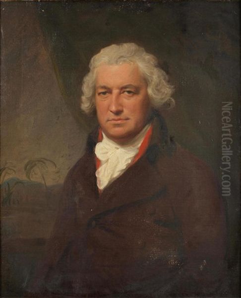 Portrait Of Bryan Edwards, Half-length, In A Brown Coat, Seated Before A Green Curtain, A View To A Caribbean Landscape Beyond Oil Painting by Lemuel Francis Abbott