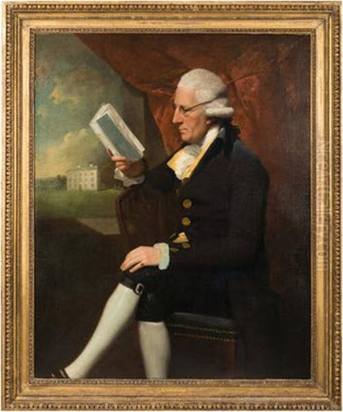 Portrait Of Sir Edward Cotsford Of Clyst St George, Three-quarter Length Seated In An Interior View Through A Window To Winslade House Beyond Oil Painting by Lemuel Francis Abbott