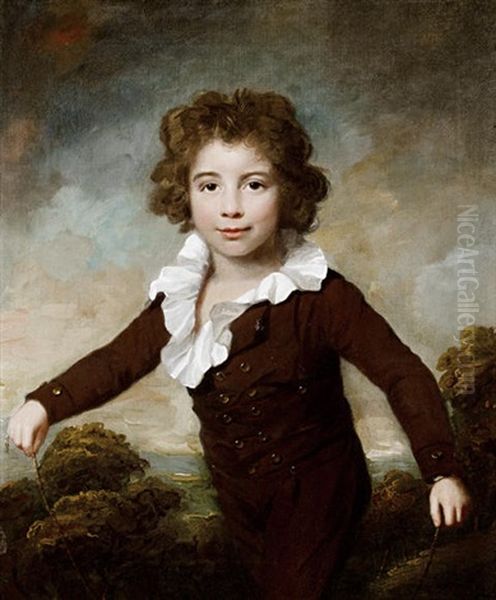 Portrait Of A Young Boy In A Brown Coat And Breeches, Holding A Skipping Rope Before A Landscape Oil Painting by Lemuel Francis Abbott