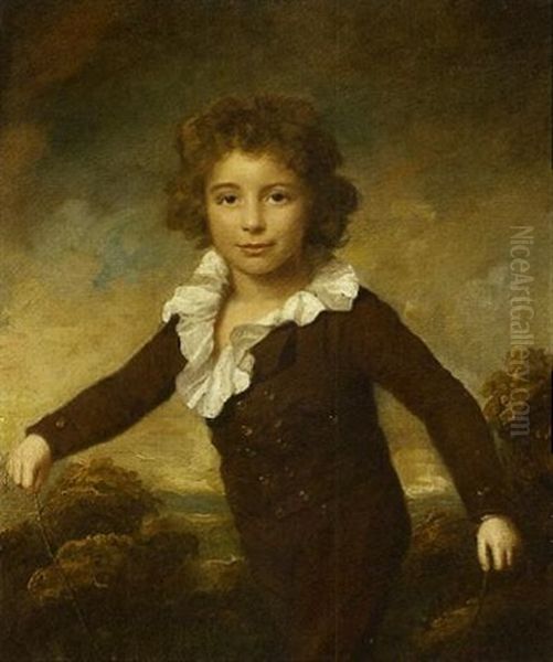 Portrait Of A Young Boy In A Brown Coat And Breeches, Holding A Skipping Rope In A Wooded Landscape Oil Painting by Lemuel Francis Abbott