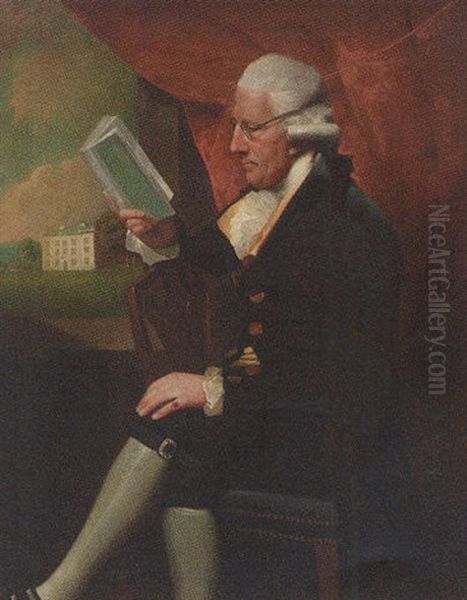 Portrait Of Edward Cotsford In A Dark Brown Jacket And Breeches, Holding A Book By A Window, A View To A House Beyond Oil Painting by Lemuel Francis Abbott