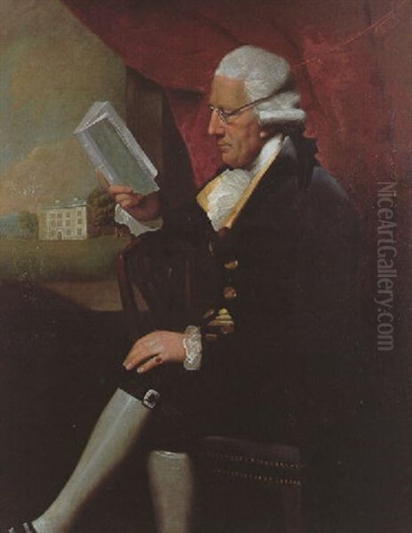 Portrait Of Edward Cotsford In A Brown Jacket And Breeches Holding A Book By A Window, View Of House Beyond Oil Painting by Lemuel Francis Abbott