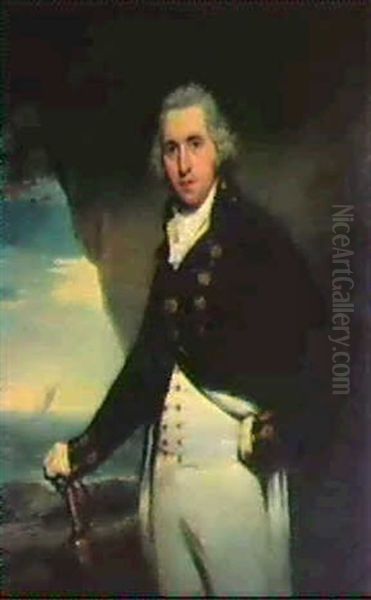 Portrait Of A Naval Officer, Three-quarter Length, In       Uniform, Holding His Swork In His Right Hand Oil Painting by Lemuel Francis Abbott