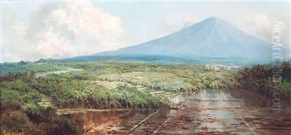 Sawah's At The Foot Of Volcano Merapi Oil Painting by Soerjosoebroto Abdullah