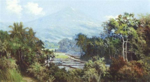 Javanese Landscape With Volcano Oil Painting by Soerjosoebroto Abdullah