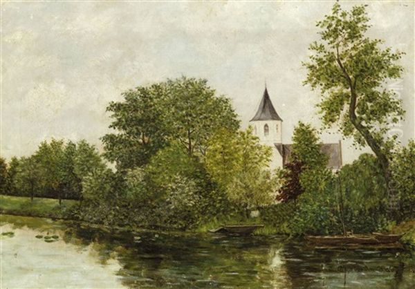 The River Lys Near The Church Of Afsnee (1883) Oil Painting by Albijn van der Abeele