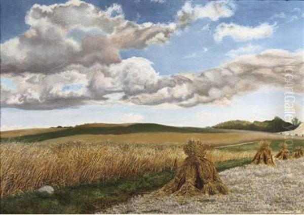 A Hilly Landscape With Corn Sheaves Oil Painting by Albijn van der Abeele