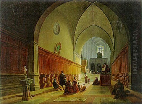 Worshippers In A Church Aisle, Italy Oil Painting by Jodocus Sebastiaen van den Abeele