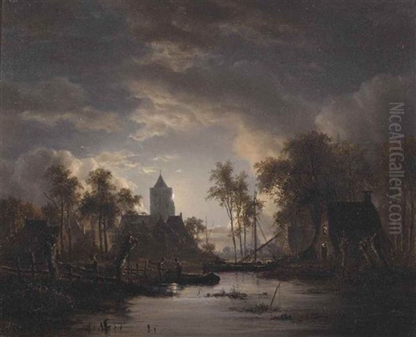 River View With A Church Tower Oil Painting by Jacobus Theodorus Abels