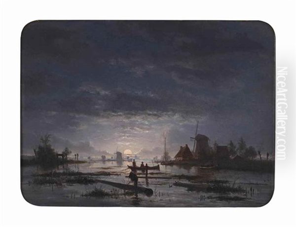 An Extensive River Scene With Fishermen By Night Oil Painting by Jacobus Theodorus Abels