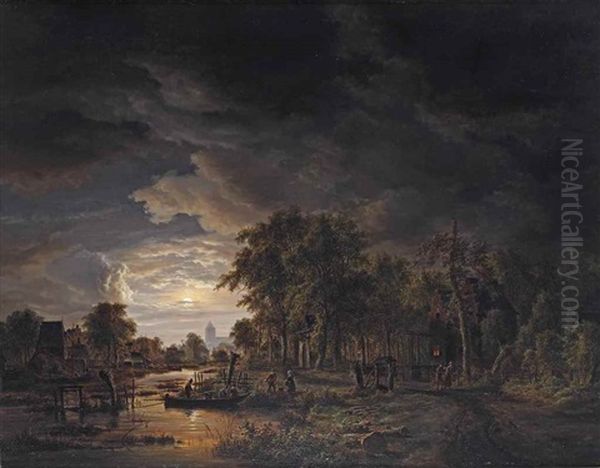 A Moonlit Village By A River Oil Painting by Jacobus Theodorus Abels