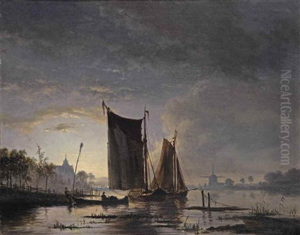 Boats On A Moonlit River Oil Painting by Jacobus Theodorus Abels