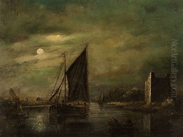 Moonlight Marine Oil Painting by Jacobus Theodorus Abels