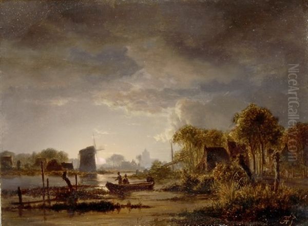 Flusslandschaft Mit Windmuhle Bei Aufgehendem Vollmond Oil Painting by Jacobus Theodorus Abels