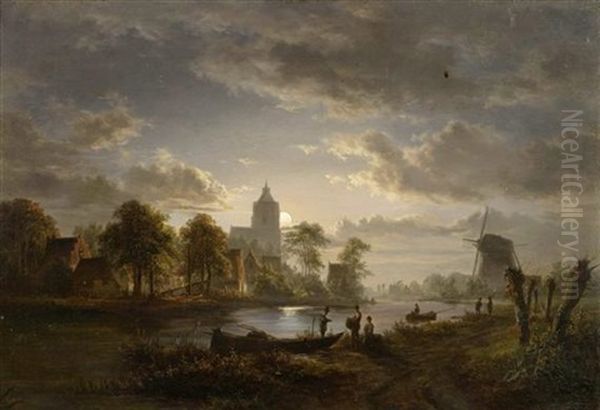 Flusslandschaft Mit Windmuhle Im Mondschein Oil Painting by Jacobus Theodorus Abels