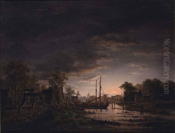 A Moonlit River Landscape (said To Be Abcoude) by Jacobus Theodorus Abels