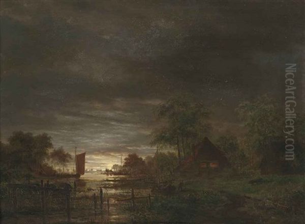 A Moonlit Estuary Oil Painting by Jacobus Theodorus Abels