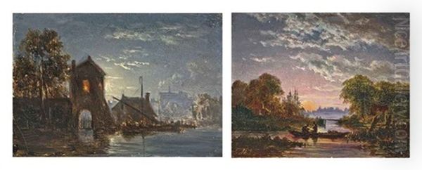 A Riverside Town Under Moonlight (+ Fishing At Dawn; 2 Works) Oil Painting by Jacobus Theodorus Abels