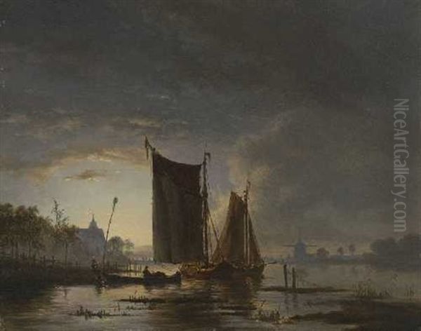 Abendliche Hollandische Flusslandschaft Oil Painting by Jacobus Theodorus Abels