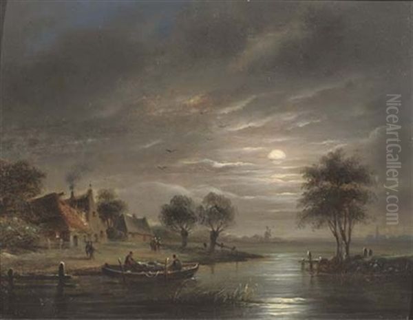 Fishing By Moonlight Oil Painting by Jacobus Theodorus Abels